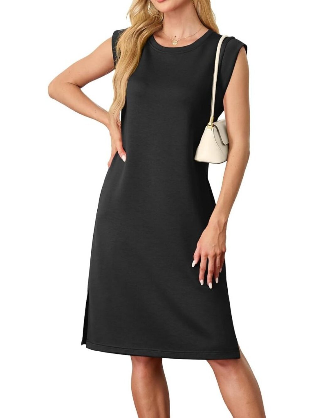 Women's Black Sleeveless Casual Loose Beach Crewneck Wrinkle-Free Midi Dress